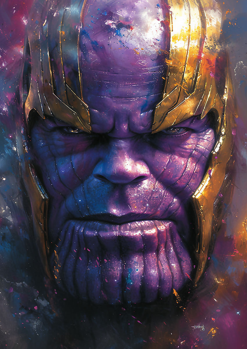 Dramatic artwork of Thanos with a cosmic background